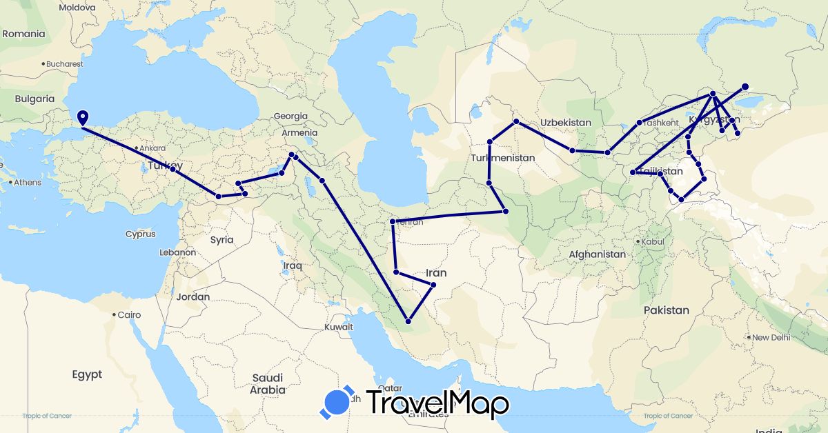 TravelMap itinerary: driving in Iran, Kyrgyzstan, Kazakhstan, Tajikistan, Turkmenistan, Turkey, Uzbekistan (Asia)
